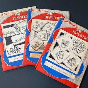 3 Vintage Aunt Martha’s Hot Iron Transfers for Embroidery / Textile Painting - Floral Motifs, Bows and Flower Baskets, Eight Vegetable Motif