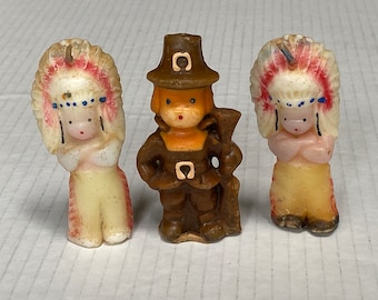 ONE Vintage 3” Gurley Figural Thanksgiving Candle- Indian Chief or Pilgrim in Brown Suit