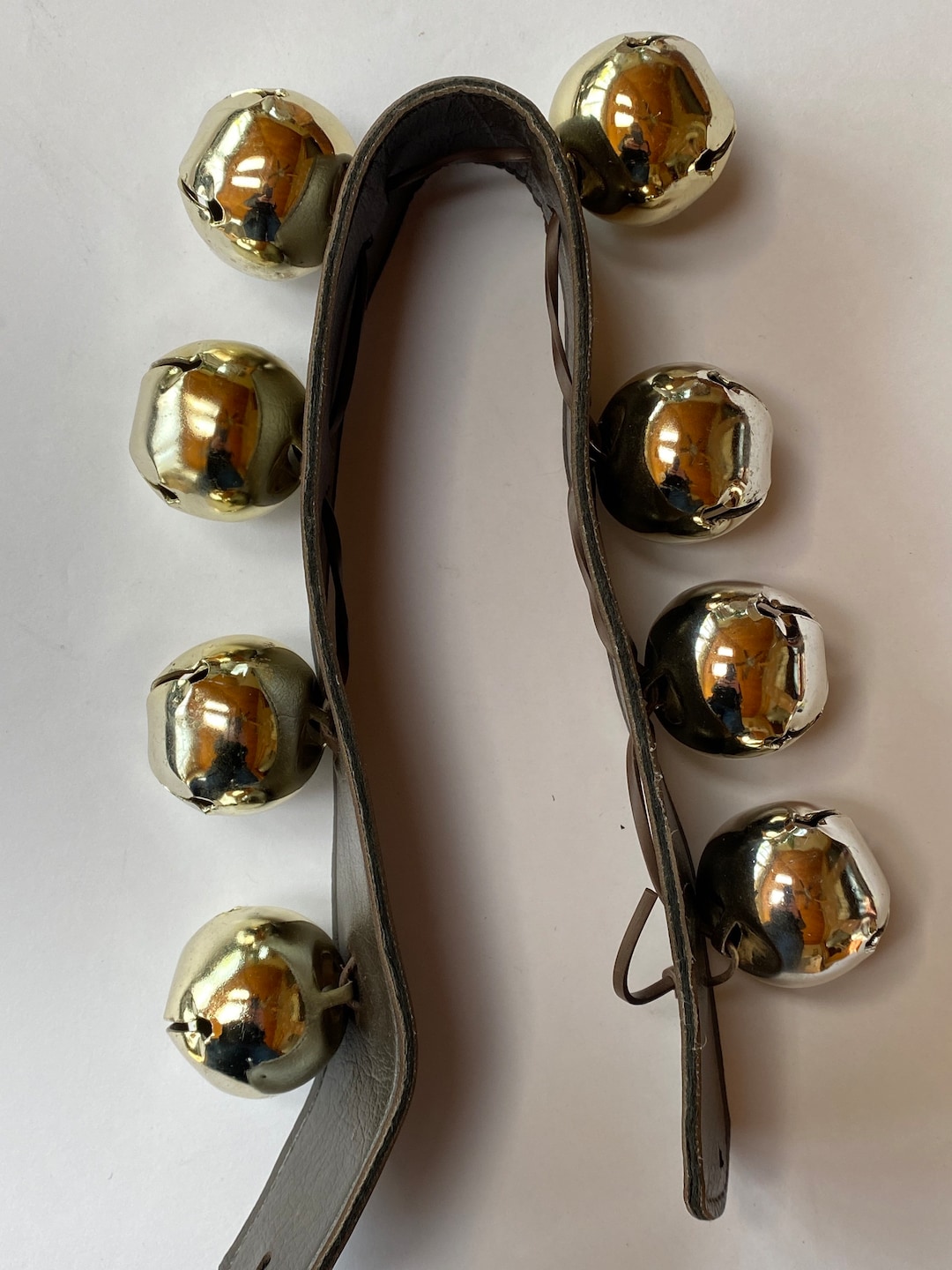 Vintage Sleigh Bells on Faux Leather Strap Door Hanger, Christmas Decor
