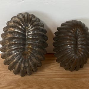 May include: Two vintage metal cake molds in the shape of a banana. The molds are made of a dark metal with a textured surface.