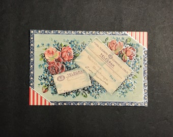 Antique Valentine Postcard - Roses, Telegrams, Stars and Stripes for Collecting, Altered Art, Scrapbooking, Crafts