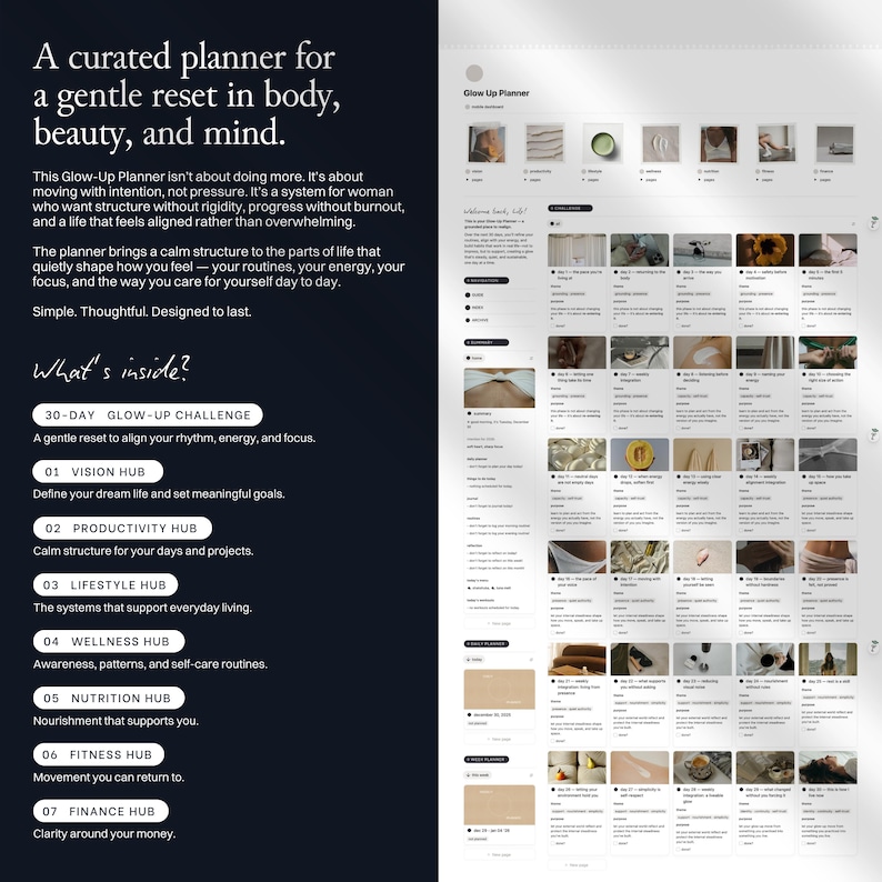 Glow-Up planner, Life planner Notion, Aesthetic Notion template, All-in-one life dashboard including Glow-Up challenge
