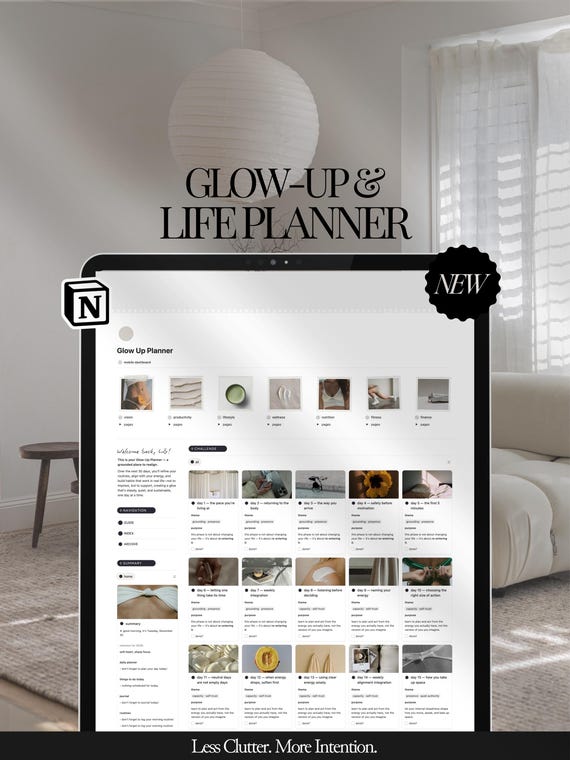 Glow-Up planner, Life planner Notion, Aesthetic Notion template, All-in-one life dashboard including Glow-Up challenge