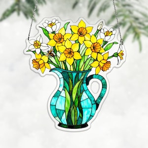 Turquoise Coffee Pot Acrylic Suncatcher, Yellow Daffodil Tulip Bee Window Hanging for Spring Kitchen, garden lover gift, mothers day decor