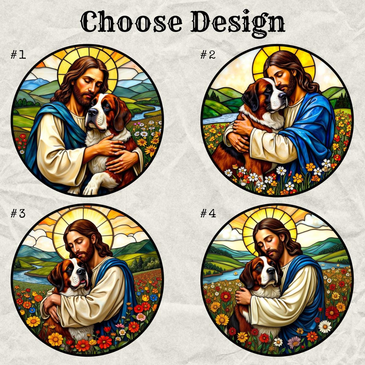 セントバーナード犬を抱きしめるイエス・キリストのカスタムステンド