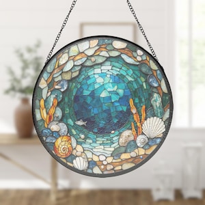 Turquoise Reef Cave Stained Glass Suncatcher, Circular Window Hanging, Ocean Birthday Gift, coral reef decor, nautical wall decor