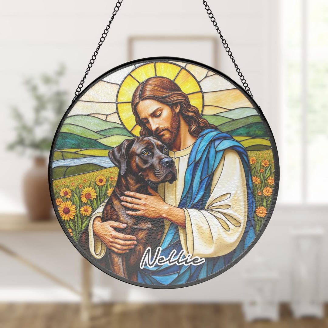 Custom Jesus Christ Hugging A Brindle Cane Corso Dog Stained Glass