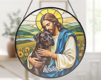 【美品】888Ｈｚ Jesus Christ ゴールド マドモアゼル・愛 巾着付 Custom Jesus Christ Hugging A Brindle Cane Corso Dog Stained Glass