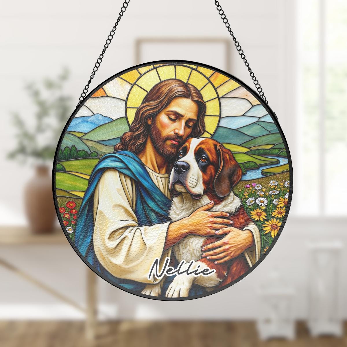ステンドグラス　セントバーナード　壁飾り セントバーナード犬を抱きしめるイエス・キリストのカスタムステンド