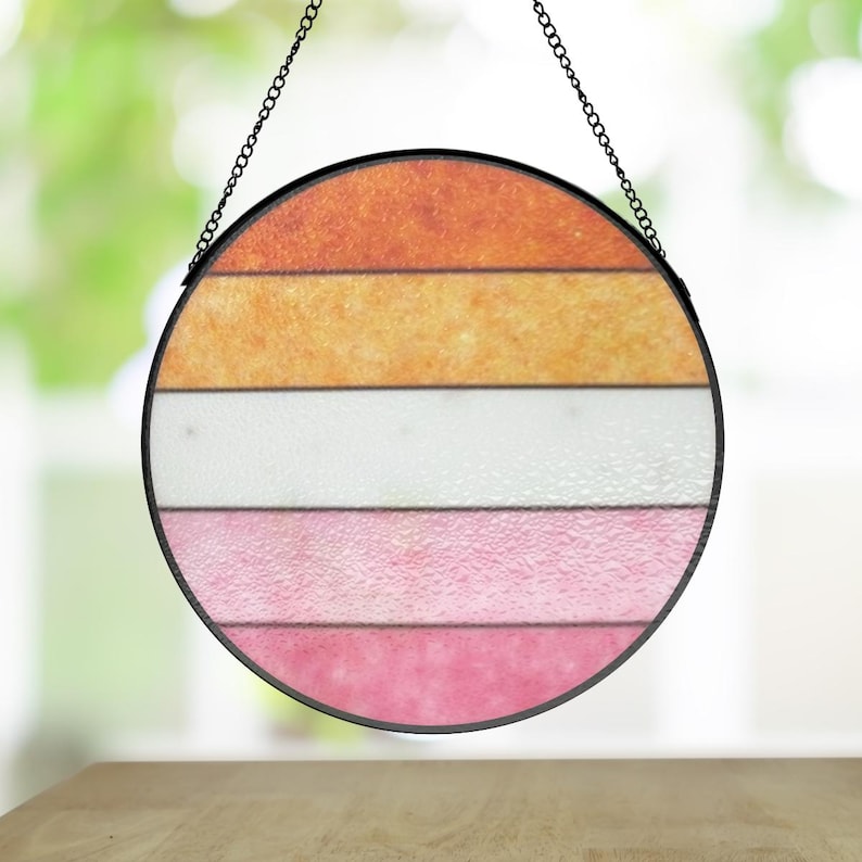 Lesbian Pride Flag Round Glass Suncatcher - LGBTQ Orange Pink Red Decor, Queer Window Ornament for June Pride Month
