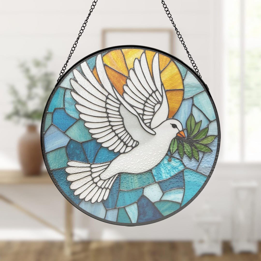 Olive Branch Dove Stained Glass Suncatcher Window Hanging, Modern Wall ...