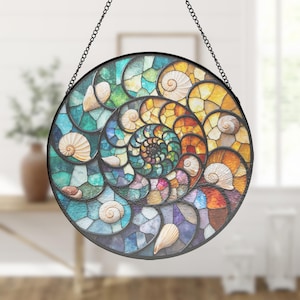 Rainbow Shell Spiral Stained Glass Window Hanging, Black Frame Coastal Suncatcher Gift, shell window hanging, rainbow suncatcher