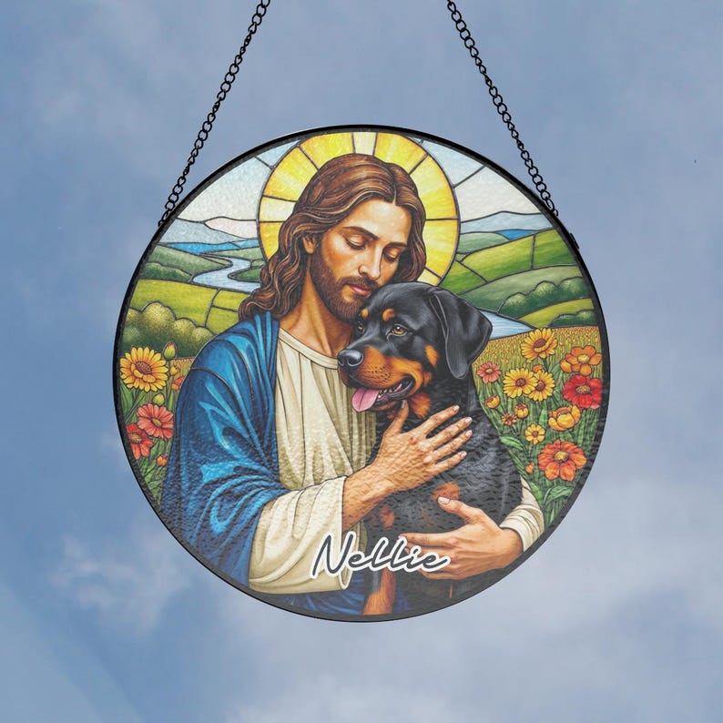 Jesus Christ Hugging A Rottweiler Stained Glass Suncatcher, Religious ...