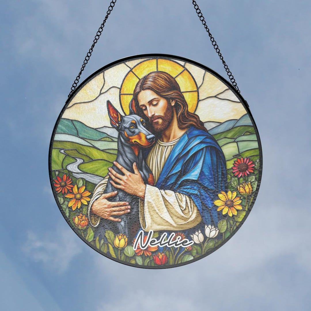 【Pastoral Window 】lithograph直筆サインEdition Jesus Christ Hugging Blue Doberman Pinscher Stained Glass