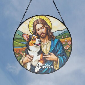Jesus Christ Hugging Tricolor Pembroke Welsh Corgi Dog Stained