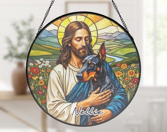 Custom Jesus Christ Hugging A Black Doberman Pinscher Dog Stained