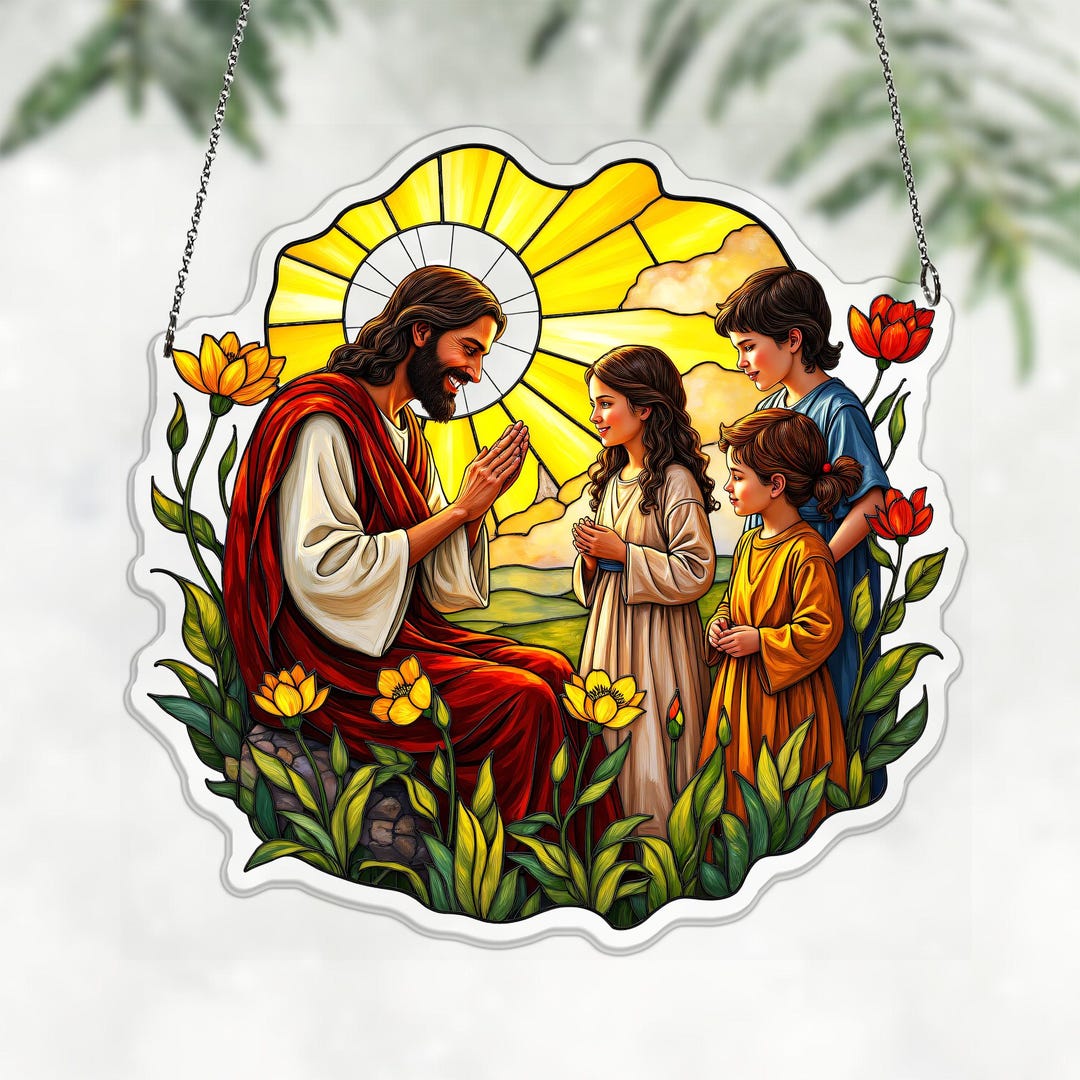 Spring Blessing Sun Jesus Blessing the Children in Spring Floral Acrylic Suncatcher, Holy ...