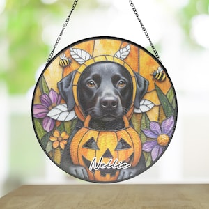 Custom Bee Costume black Labrador Retriever dog Stained Glass Suncatcher, Fall Window Art with Jack-o&#39;-lantern Basket