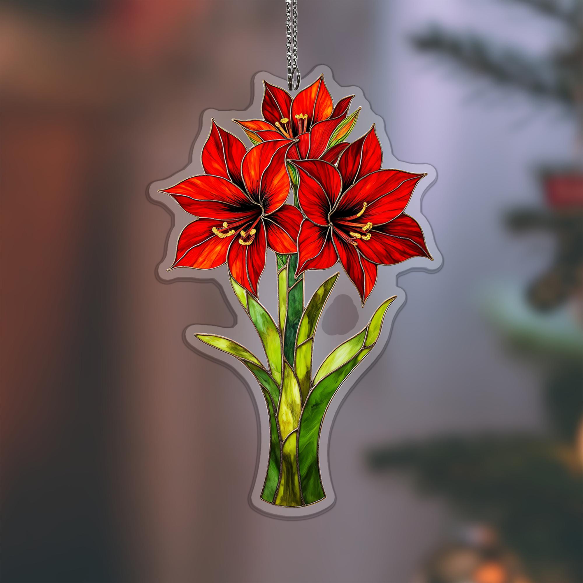 Waxed Amaryllis Acrylic Suncatcher, Ruby Red Bloom Window Hanging for ...