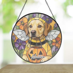 Custom Bee Costume Yellow Labrador Retriever dog Stained Glass Suncatcher, Fall Window Art with Jack-o&#39;-lantern Basket