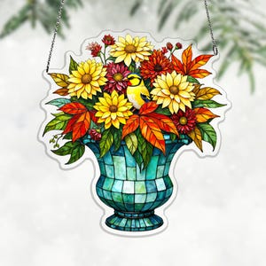 Crisântemo Dourado Acrílico para Apanhar Sol, Vaso Turquesa Pintassilgo para Pendurar na Janela, Decoração de Outono, Ornamento de Acrílico para Janela