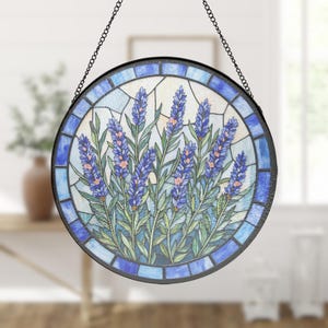 Blue Violet Rosemary Painted Glass Panel, Black Frame Suncatcher, Sunroom Decor Gift, sunroom window decor, cottage garden decor