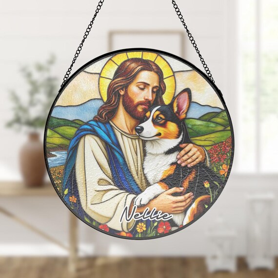 Custom Jesus Christ Hugging A Tricolor Pembroke Welsh Corgi Dog