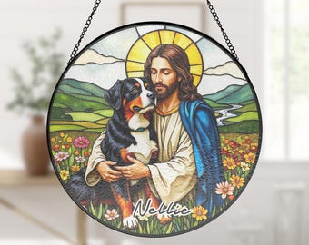 Custom Jesus Christ Hugging A Black Tricolor Bernese Mountain Dog