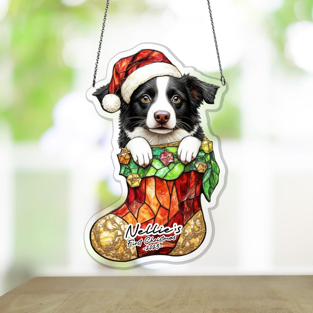 Custom Black & White Border Collie Dog in Santa Hat Acrylic Suncatcher ...