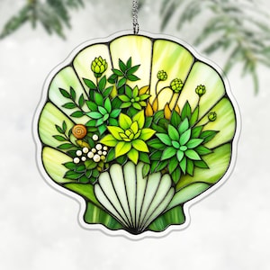 Pearlescent Seashell Succulent Acrylic Suncatcher, Wild Green Window Hanging for Coastal Decor, coastal gift idea, acrylic window hanging