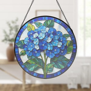 Hängende, kobaltblaue Hortensien-Glasdekoration, runder Blumen-Fensterschmuck, Geschenk für Mama, Garten-Fensterdeko, Blumen-Fensterhänger