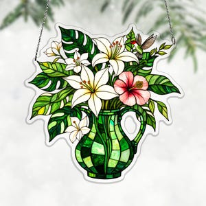Emerald Jug White Lily Acrylic Suncatcher, Tropical Window Hanging Decor for Sunroom, nature lover decor, orchid lily decor
