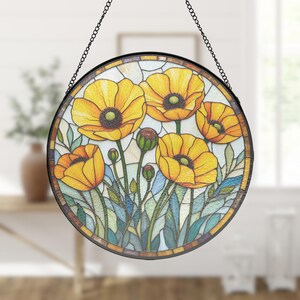 Golden Poppy Round Stained Glass Panel, Botanical Window Art, Sunroom Garden Decor, floral suncatcher, glass window decor