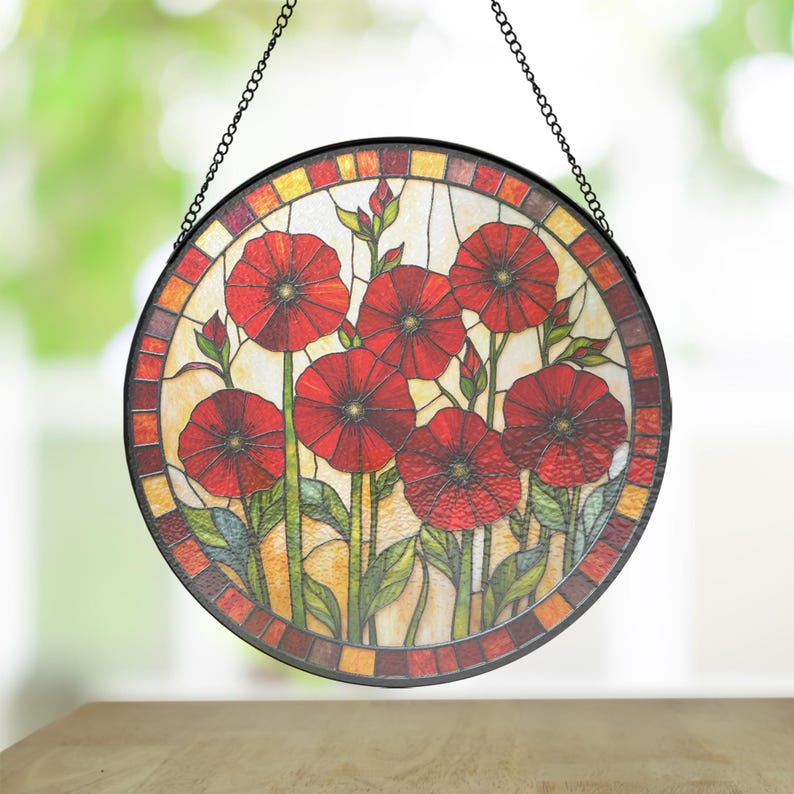 Poppy Glass Tile Crimson Hollyhock Painted Glass Window Hanging: Botanical Home Decor ...