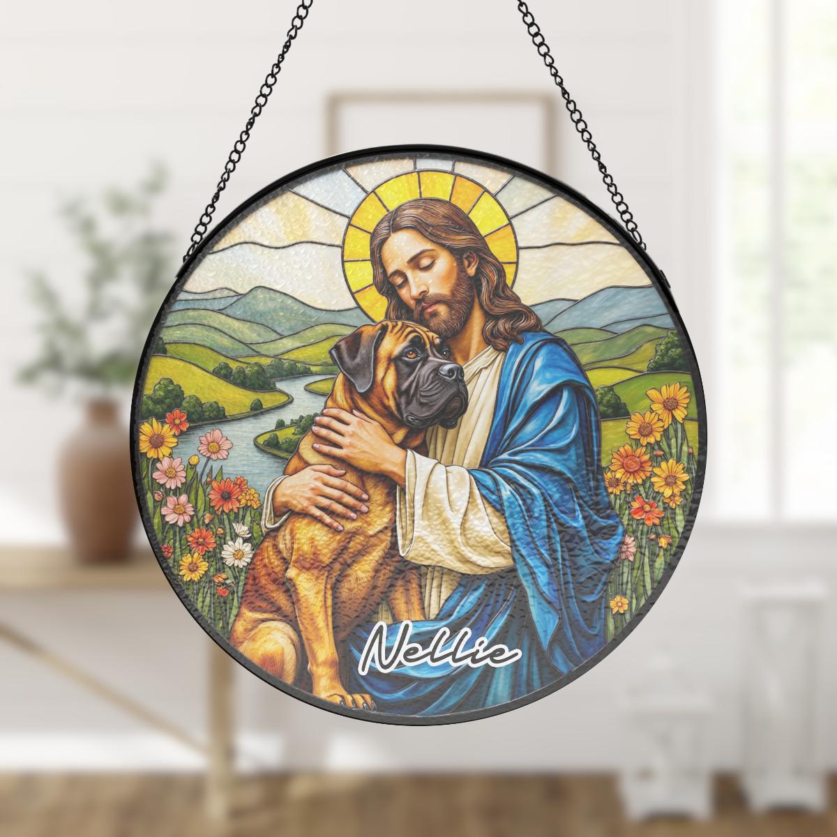 Custom Jesus Christ Hugging Apricot English Mastiff Dog Stained