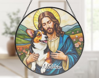 【Pastoral Window 】lithograph直筆サインEdition Custom Jesus Christ Hugging A Tricolor Pembroke Welsh Corgi Dog