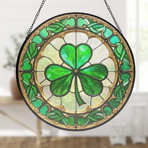 Shamrock Stained Glass Suncatcher, St. Patrick’s Day Window Hanging, Irish Shamrock Decor, Green Clover Ornament, Handmade Gift