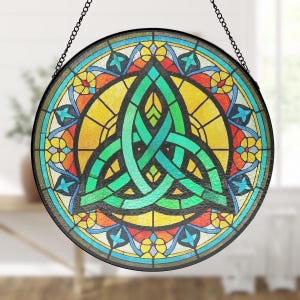 Celtic Knot Shamrock Suncatcher, St. Patrick’s Day Gift, Irish Stained Glass, Lucky Clover Decor, Handmade Green Window Art