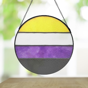 Non-Binary Pride Flag Round Stained Glass Suncatcher - LGBTQIA Yellow White Purple Black Window Decor, Queer Handmade Gift