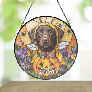 Custom Bee Costume Chocolate Labrador Retriever dog Stained Glass Suncatcher, Fall Window Art with Jack-o&#39;-lantern Basket
