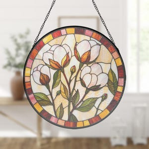 Cotton Plant Painted Glass Window Hanging Black Frame Rose Pink Gold Crimson Floral Decor, sun catcher gift, botanical window decor