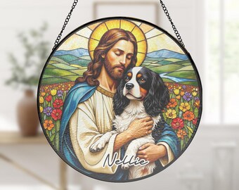 【Pastoral Window 】lithograph直筆サインEdition Custom Jesus Christ Hugging A Black & Tan Cavalier King Charles