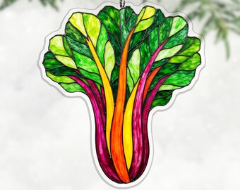 Acchiappasole in acrilico con bietola arcobaleno, decorazione da appendere alla finestra con venature al neon per gli amanti del giardino e della cucina, decorazione con bietola svizzera, regalo per gli amanti delle piante