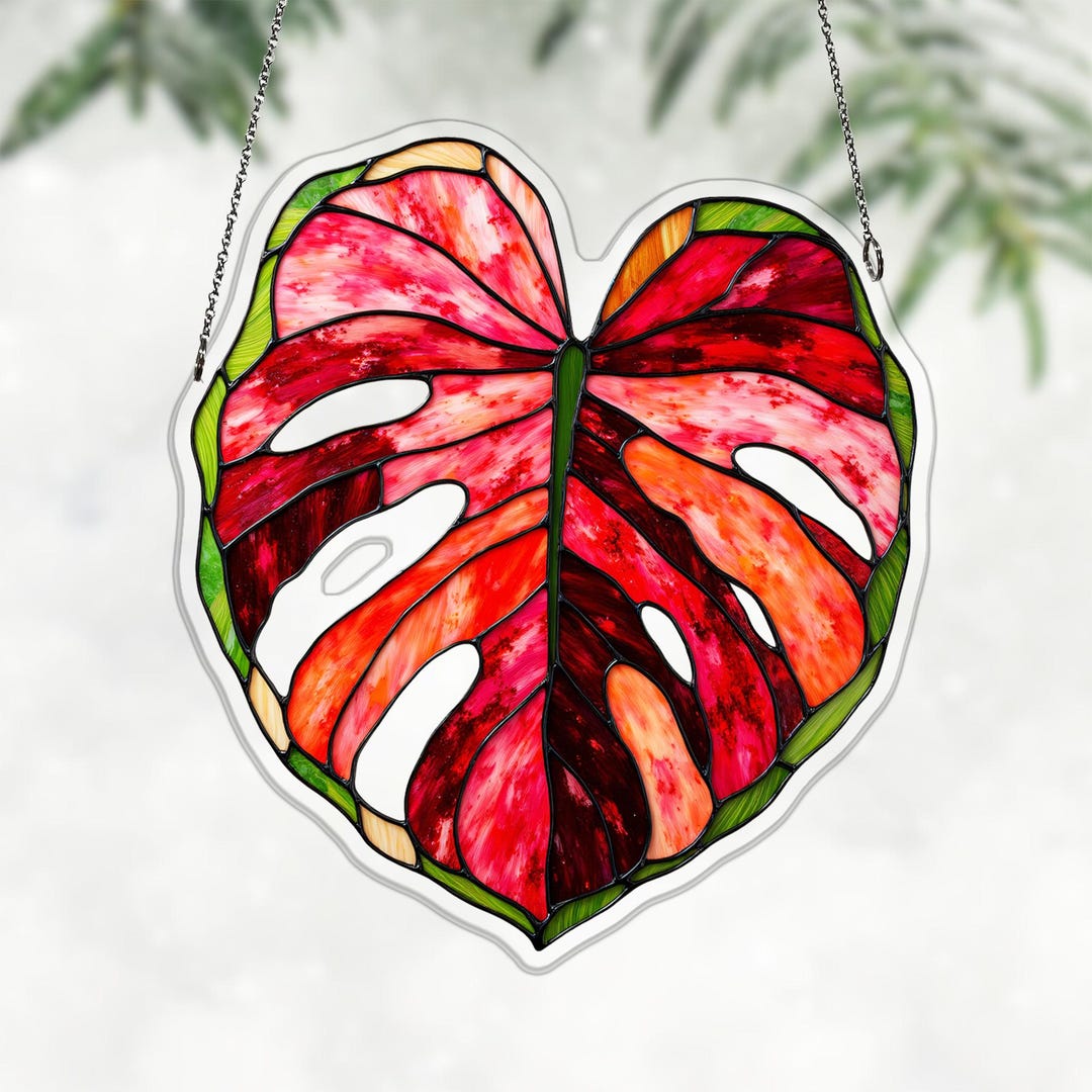 Aglaonema Lady Valentine Acrylic Suncatcher, Ruby Pink Leaf Window ...