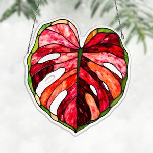 Aglaonema Lady Valentine akryl solfångare, rubinrosa blad fönsterhängande för växtrum, rosa bladdekor, rubinbladskonst, bladsolfångare