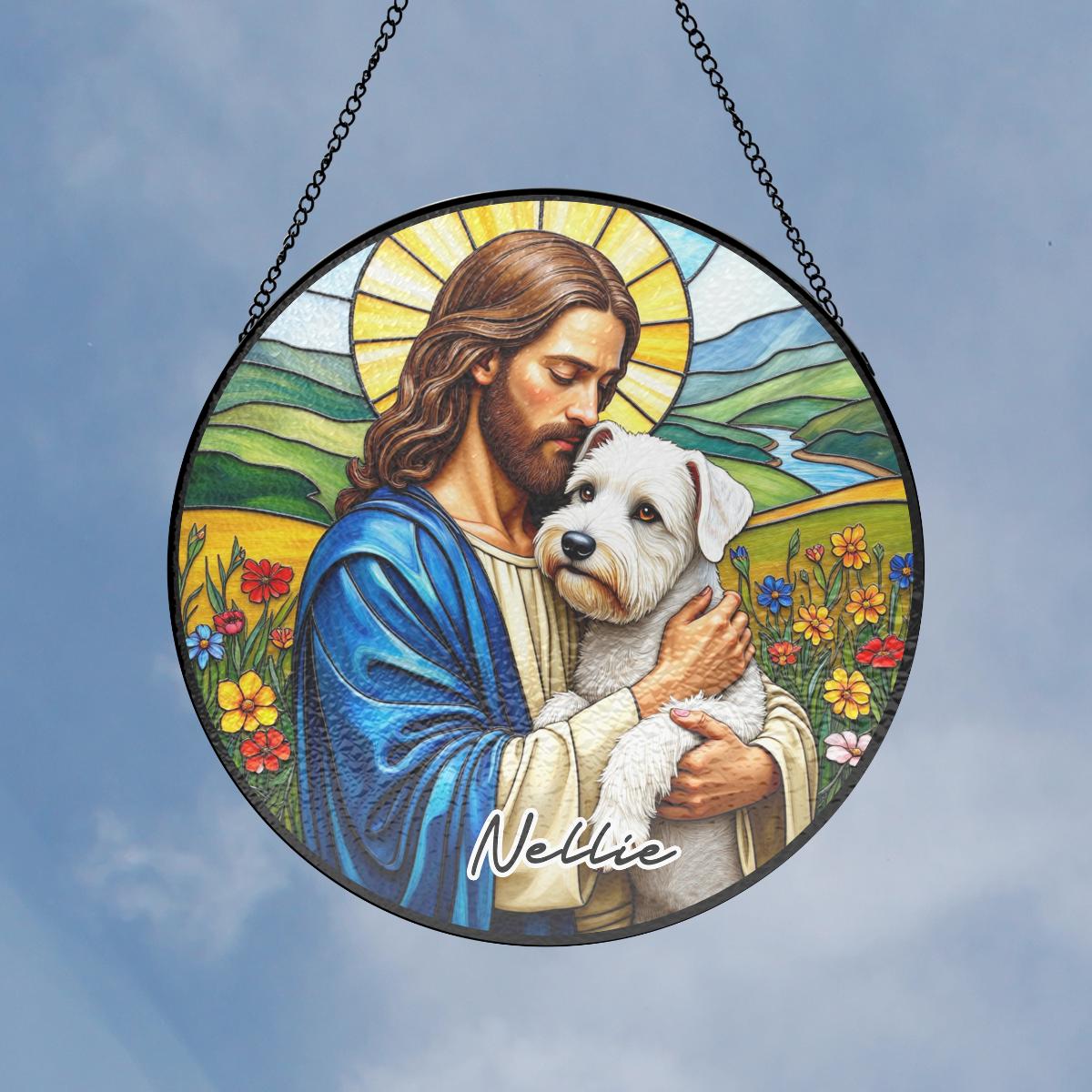 Jesus Christ Hugging White Miniature Schnauzer Stained Glass Suncatcher, Religious Window Decor, Memorial Gift for Pet Lovers