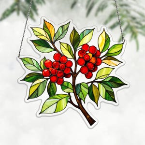 Acchiappasole in acrilico con bacche di biancospino, decorazione per finestre con bacche color rubino, ideale come regalo per gli amanti della natura e per decorare il giardino, arte floreale con bacche, ramo di biancospino