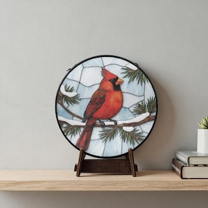 Impresionante regalo de invierno con diseño de cardenal para ella, vidriera con base de madera oscura, regalo para ella, regalo para mamá.
