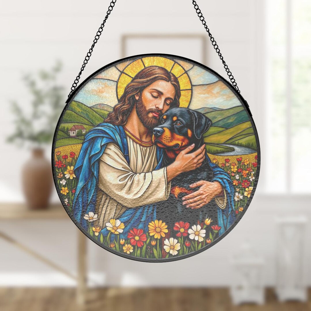 Jesus Christ Hugging A Rottweiler Stained Glass Suncatcher, Religious ...