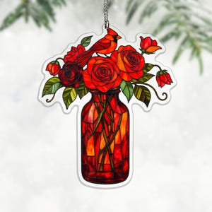 Ruby Wine Bottle Acrylic Suncatcher, Deep Red Rose Cardinal Window Hanging, Gothic Gift for Her, vase window hanging, rose lover gift